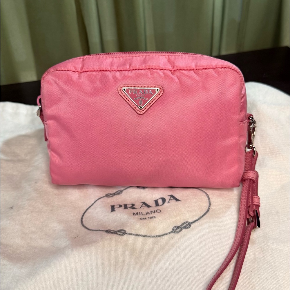 Prada Pink Nylon Wristlet Pouch with Triangle Logo Saffiano trim